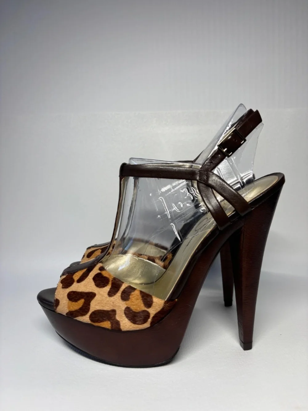 Jessica Simpson Leopard Calf Hair Platform Heels Brown T-Strap Stiletto Size 6.5
